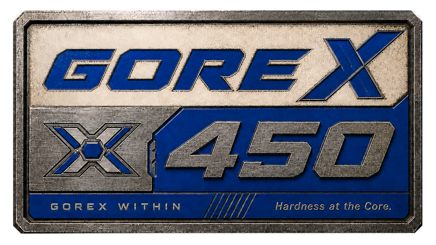 Godkänd arbetsbild av den koboltblå och silverfärgade GOREX 450-metallbrickan.