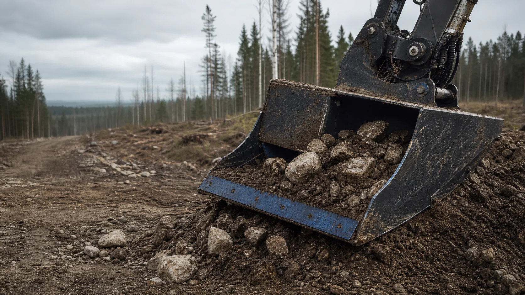Konceptbild av ett markgående redskap med blå slitkant som arbetar i stenig nordisk mineraljord.