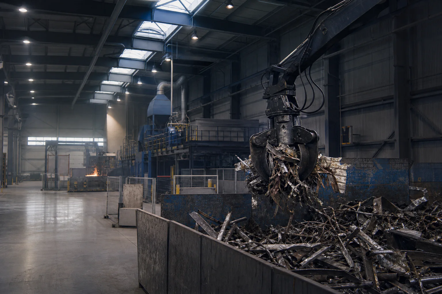 Konceptbild av en hydraulisk grip som sorterar järnskrot i en avskärmad modern återvinningshall.